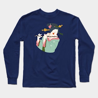 Art Deco Japanese Woman playing the flute illustration Long Sleeve T-Shirt